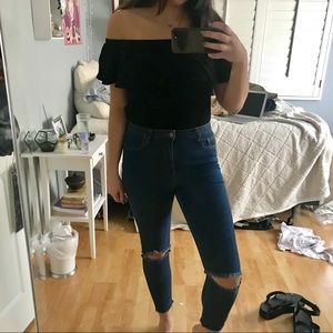 high waisted denim distressed pants