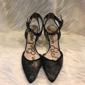 Sam Edelman black and gold ankle strap heels