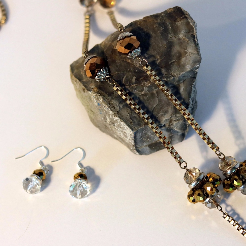 Gold Glass Bead Necklace and Earrings (Vintage)
