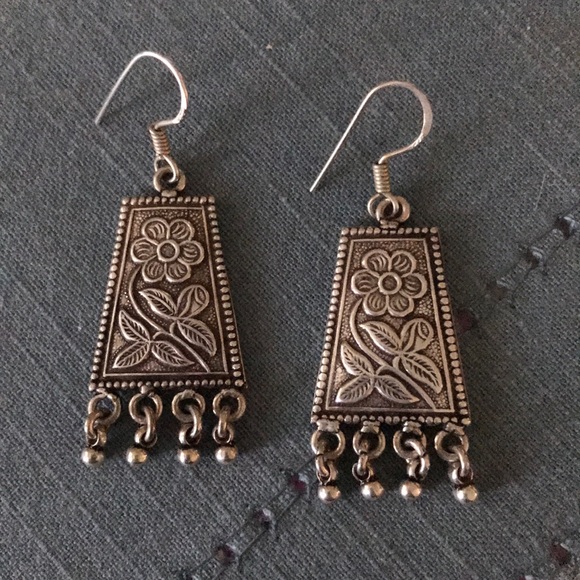 Sterling Silver 925 Flower Dangle Hook Earrings - Picture 2 of 3