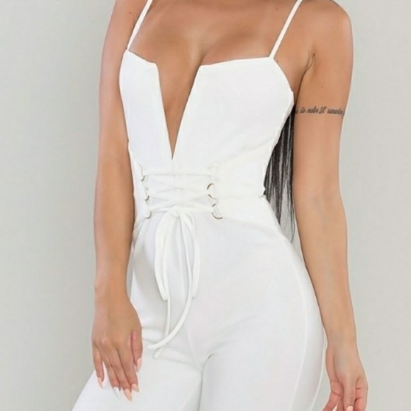 Sexy Plunging Corset Jumpsuit in White - Picture 2 of 4