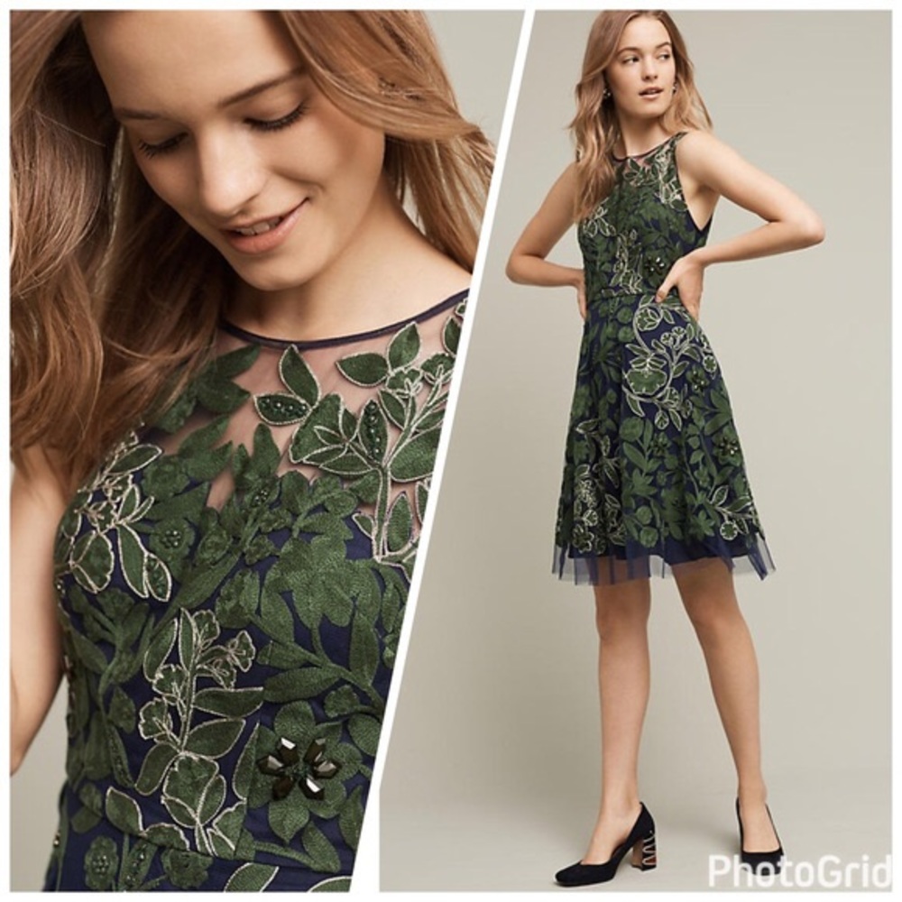 🚩SOLD Embroidered Fern Cocktail Dress by Anthro