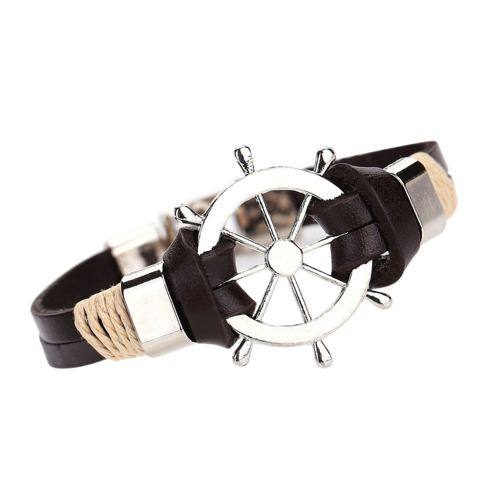 Ship Wheel Charm Brown Woven Leather Belt Bracelet