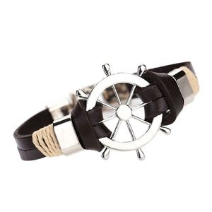 Ship Wheel Charm Brown Woven Leather Belt Bracelet