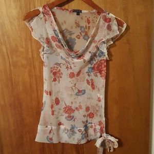 Flutter sleeve sheer cowl-neck blouse