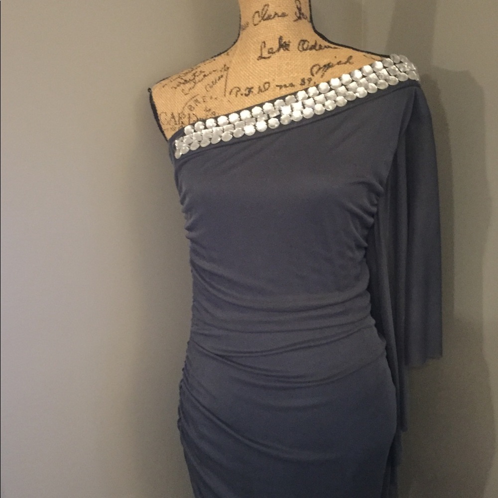 Blue grey cocktail 1 sleeve dress w/rhinestones