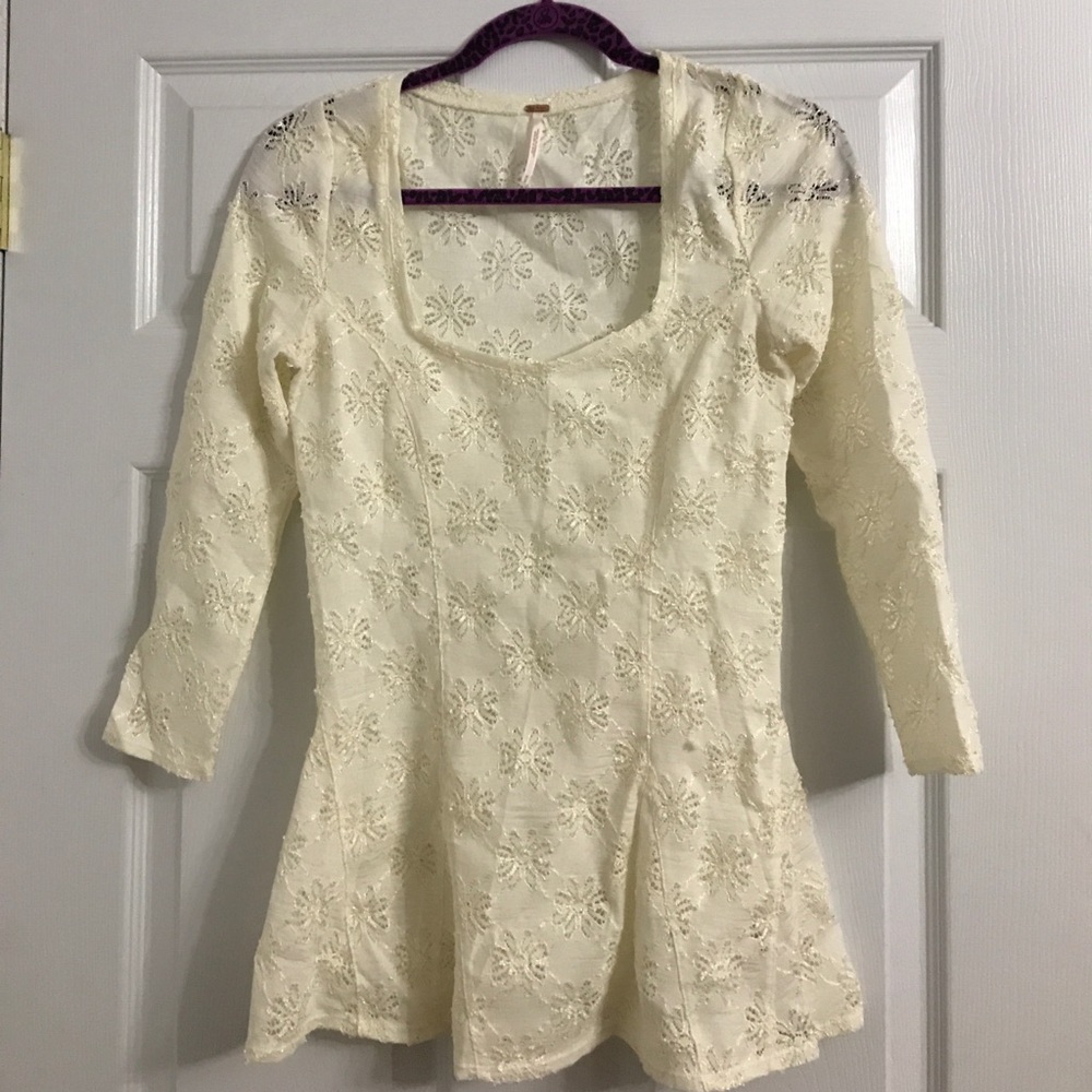 Cream Free People Floral Crochet Look Top M
