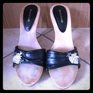 Bebe Size 7 Leather Bling Punk Rock Wooden Mules