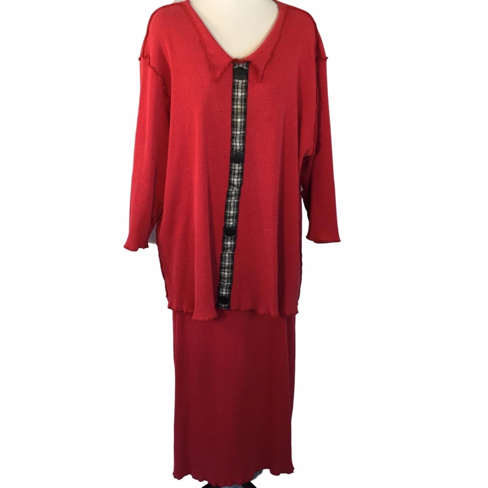 Red Lagenlook Cotton waffle Knit Outfit Skirt Top