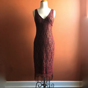 NECESSARY OBJECTS Lace Metallic Dress Burgundy Red