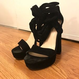 Black Faux Suede Lace Up Heels