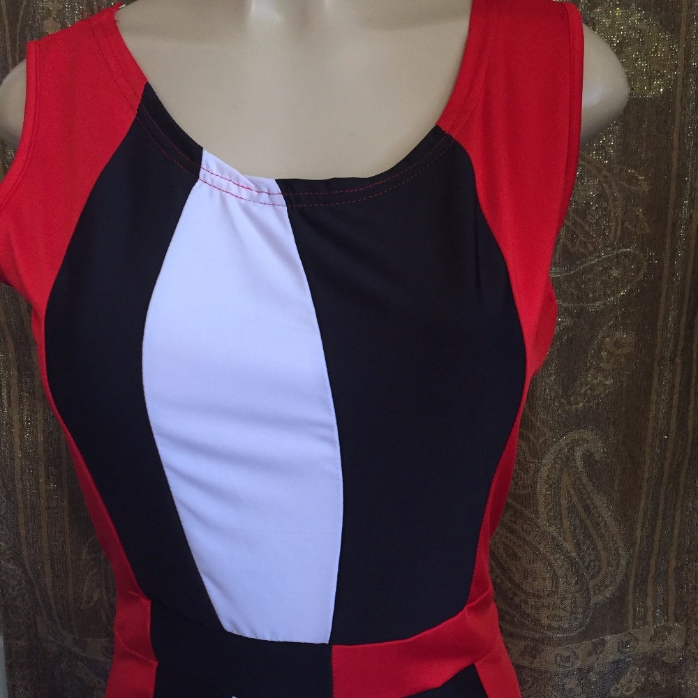 Red White Black Stretch Short Sleeve Pencil Dress