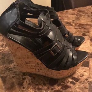 Black Straps Wood Wedge Heel