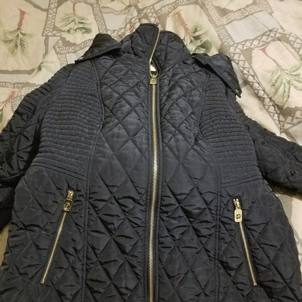 Black gold emblem Michael kors coat