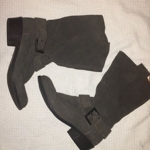 Suede Riding Boots with Buckle and Low Chunky Heel