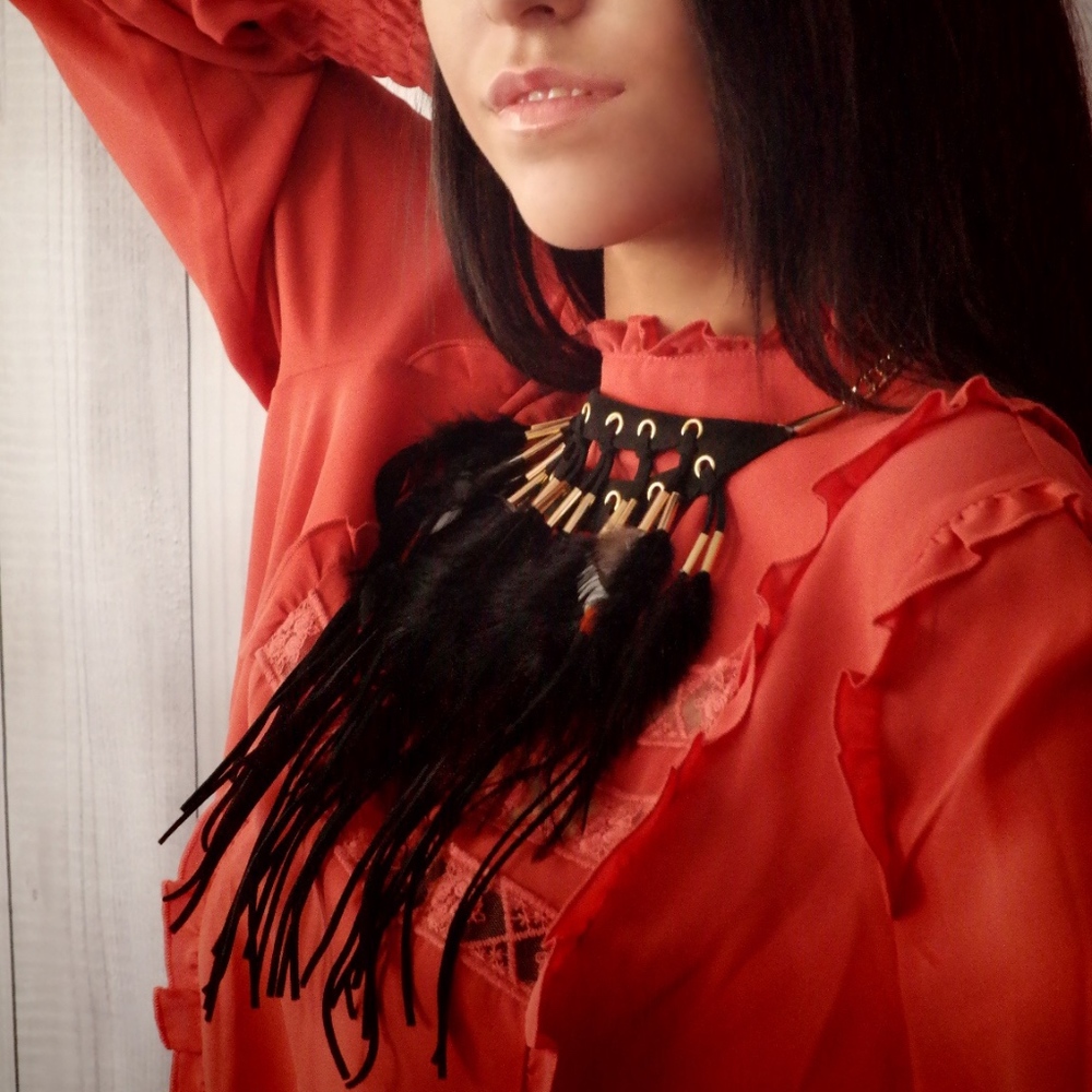 Feather and Fringe Bib Necklace