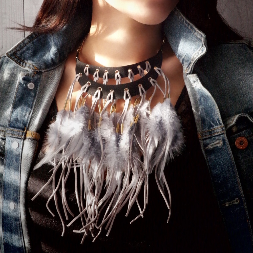 Gray Feathers and Fringe Bib Necklace