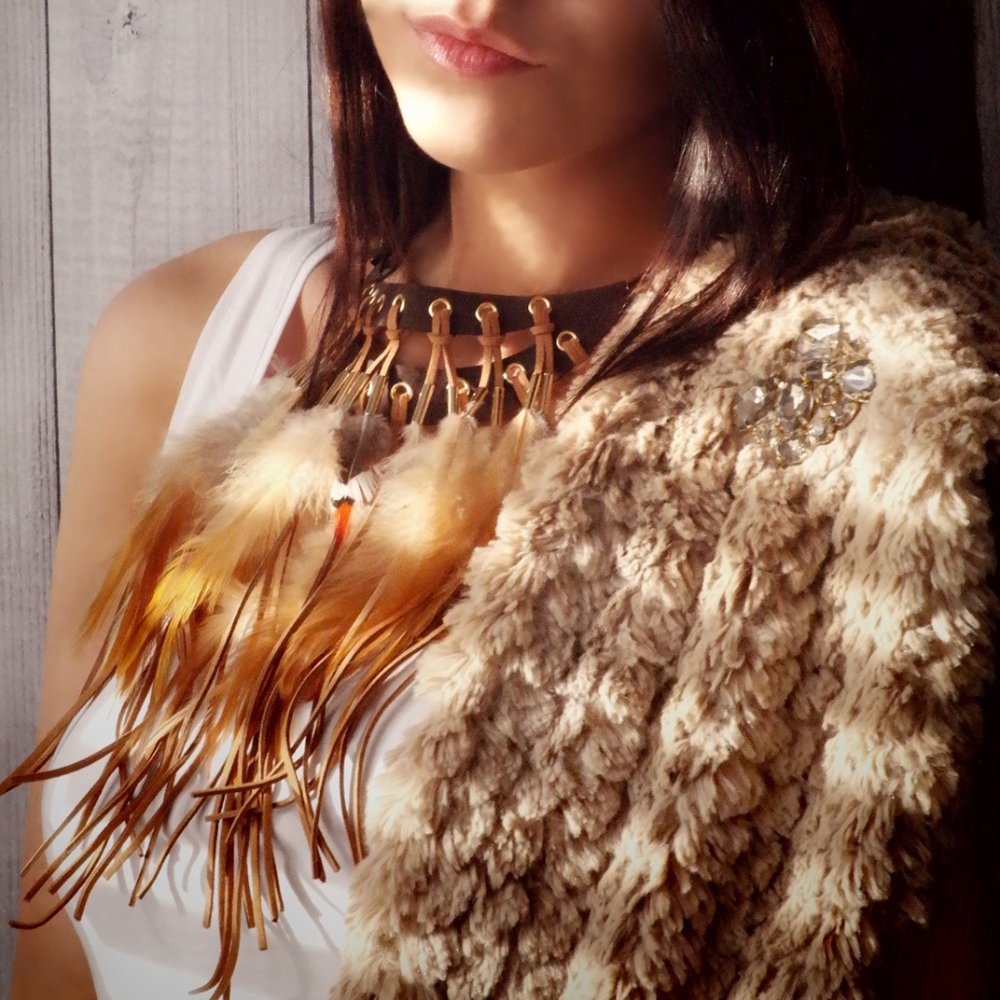 Tribal Feather and Fringe Bib Necklace