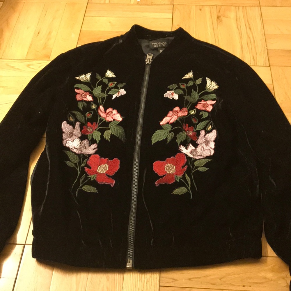 Topshop floral embroidered black suede jacket