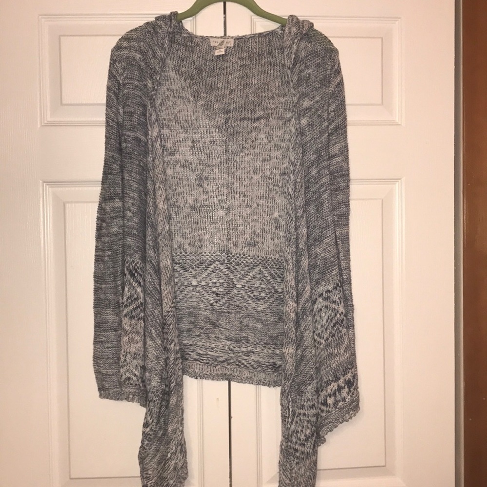 Light and dark blue sweater cardigan with a hood