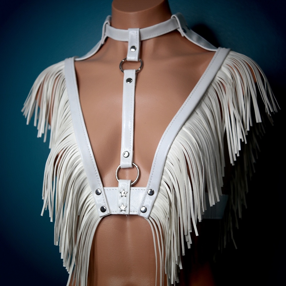 White Fringe Fashion Harness Top