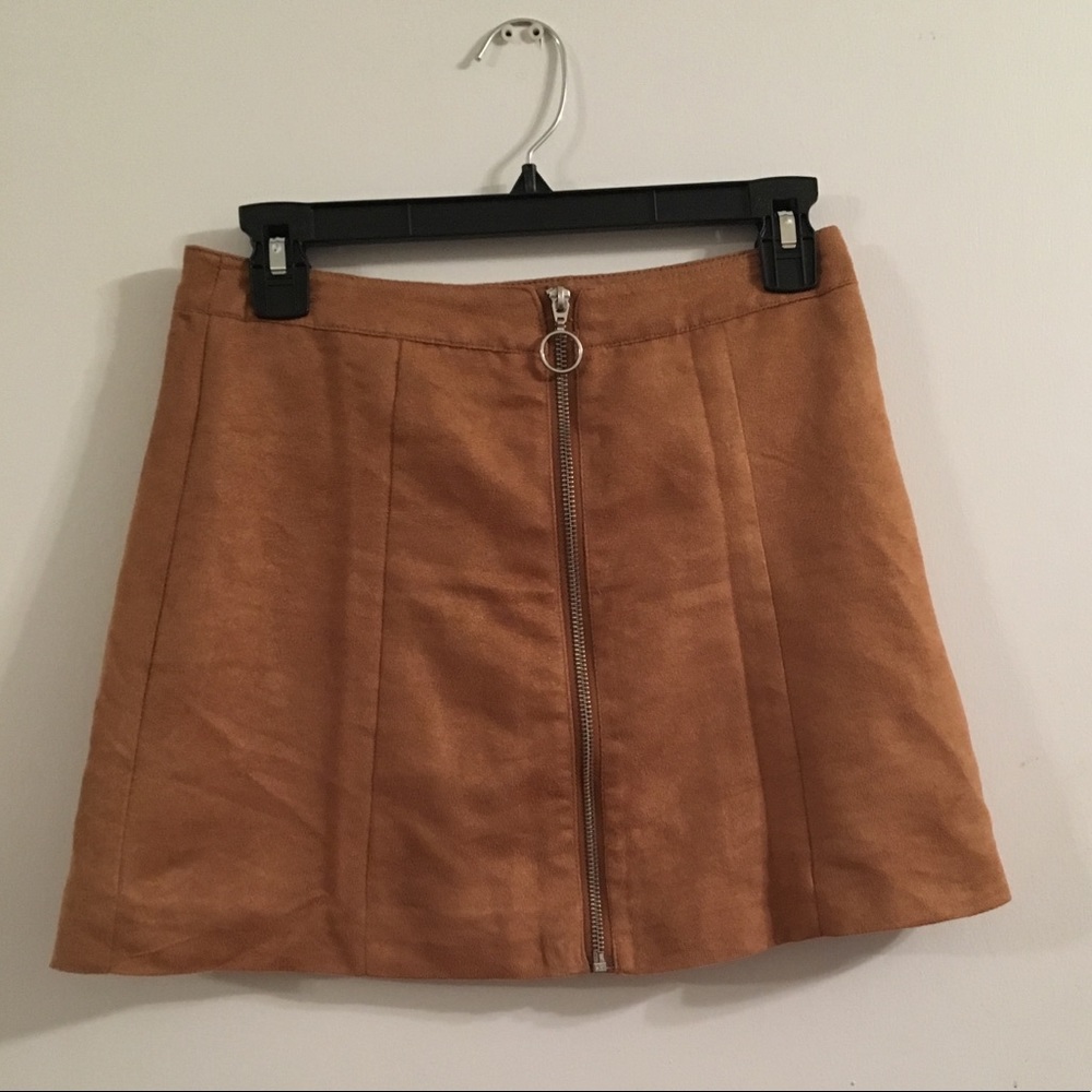 H&M Tan Camel Faux Suede Zip Front A-line Skirt