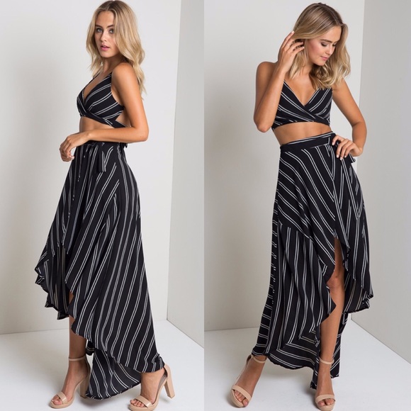 Striped Wrap Around High Low Maxi Skirt Black - Picture 2 of 2