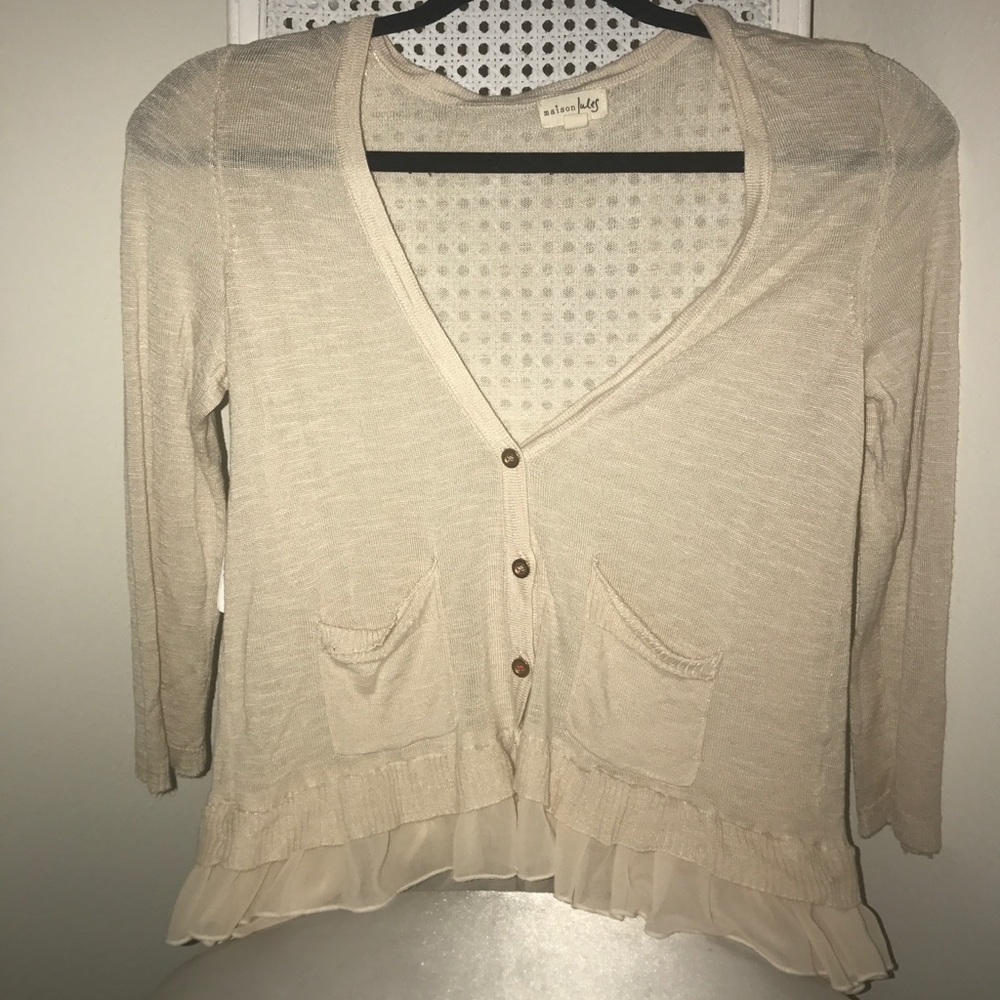 Beige button up sweater with lace trim