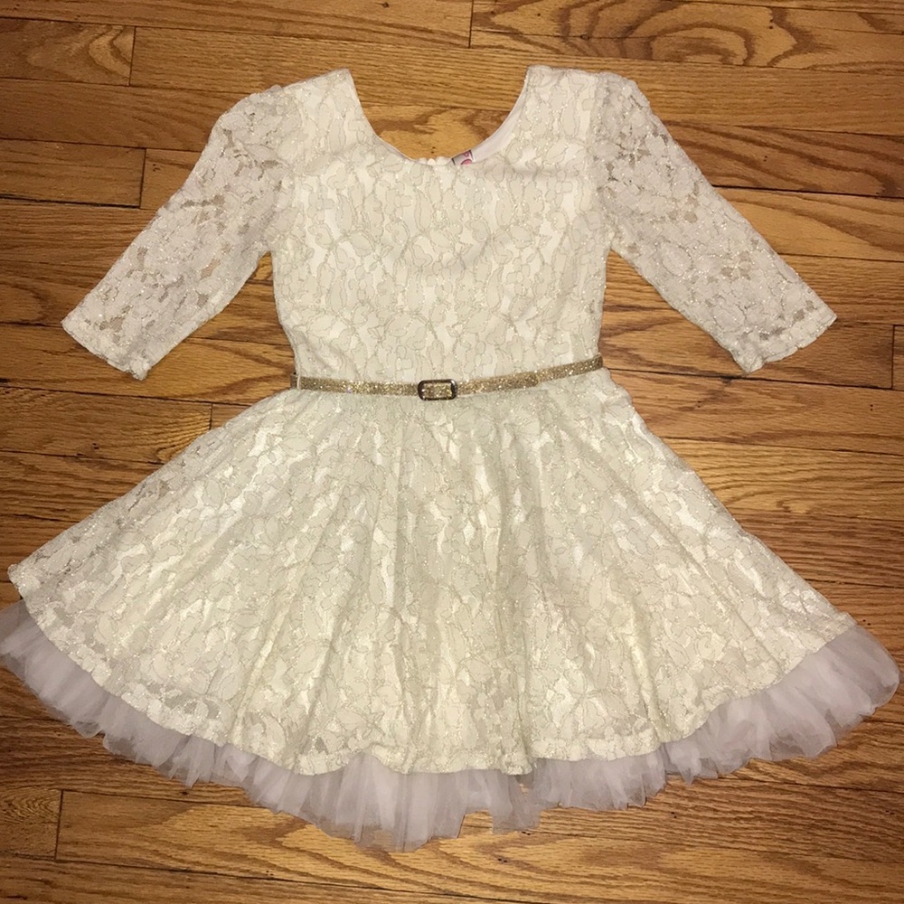 Girl’s Size 7 holiday/party dress, ivory w/gold