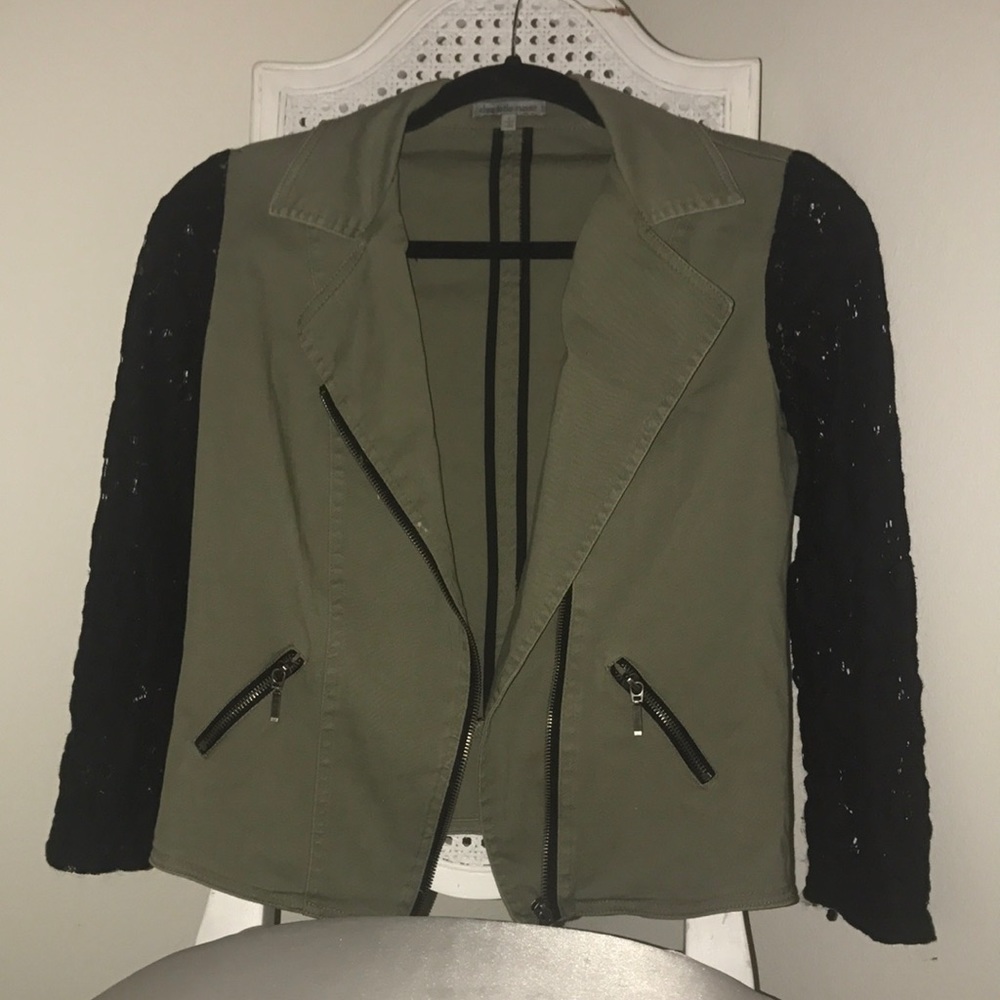 Green blazer-style jacket with black lace sleeves