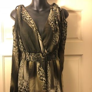 Cold shoulder olive animal print tunic top- deep v