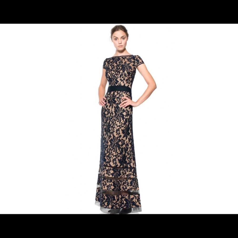 TADASHI SHOJI- EMBROIDERED LACE CAP SLEEVE GOWN