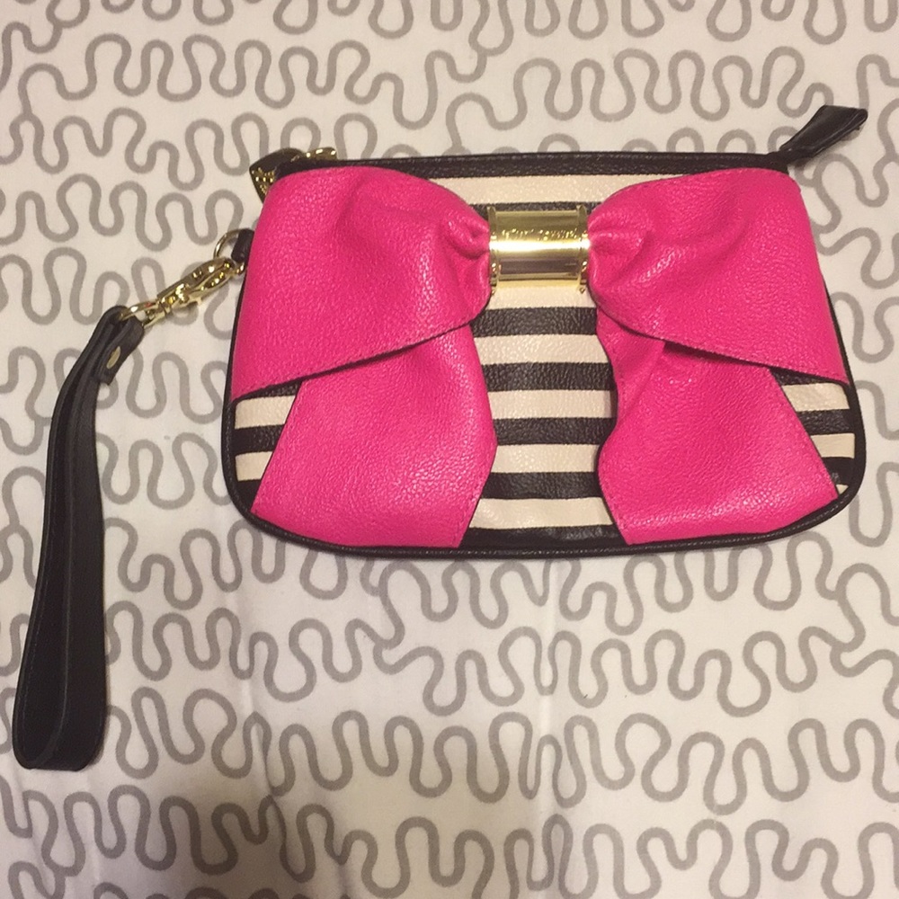 Hot Pink Betsy Johnson Bow with Stripes Wristlet