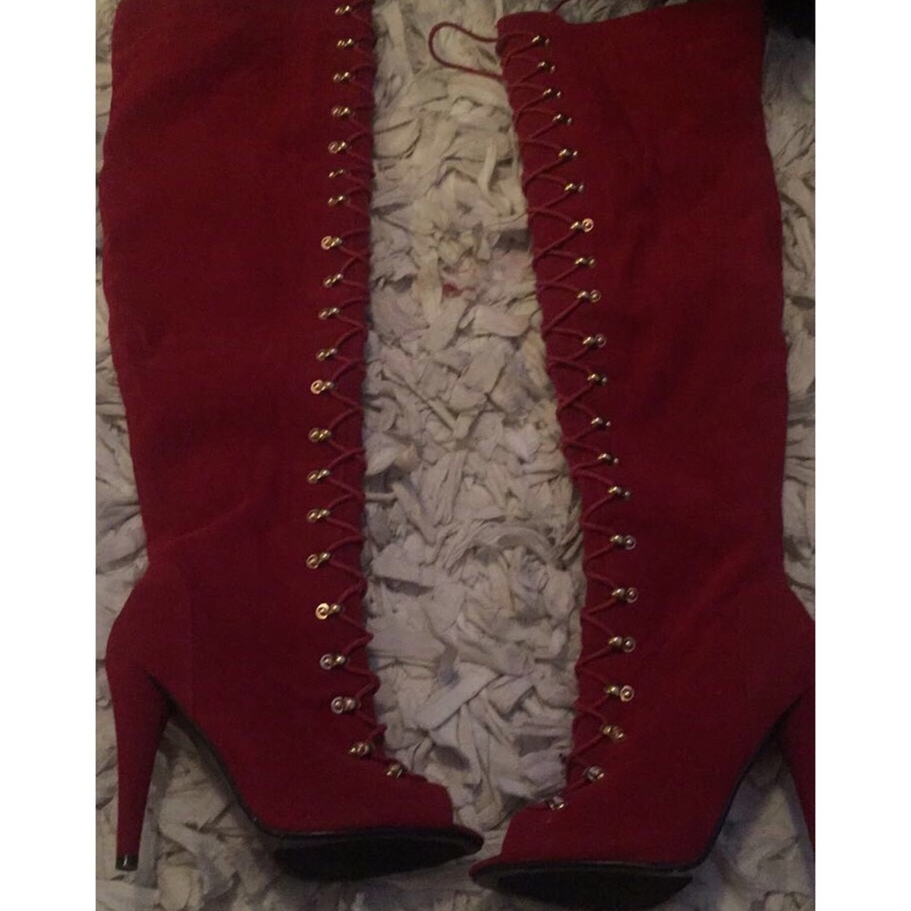 Red knee high boots