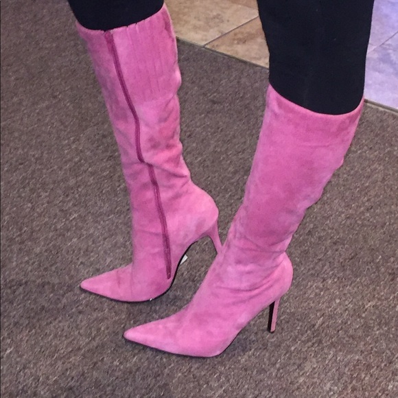 pink suede knee high boots