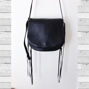 Vegan Black Structured Fringe Saddle Bag