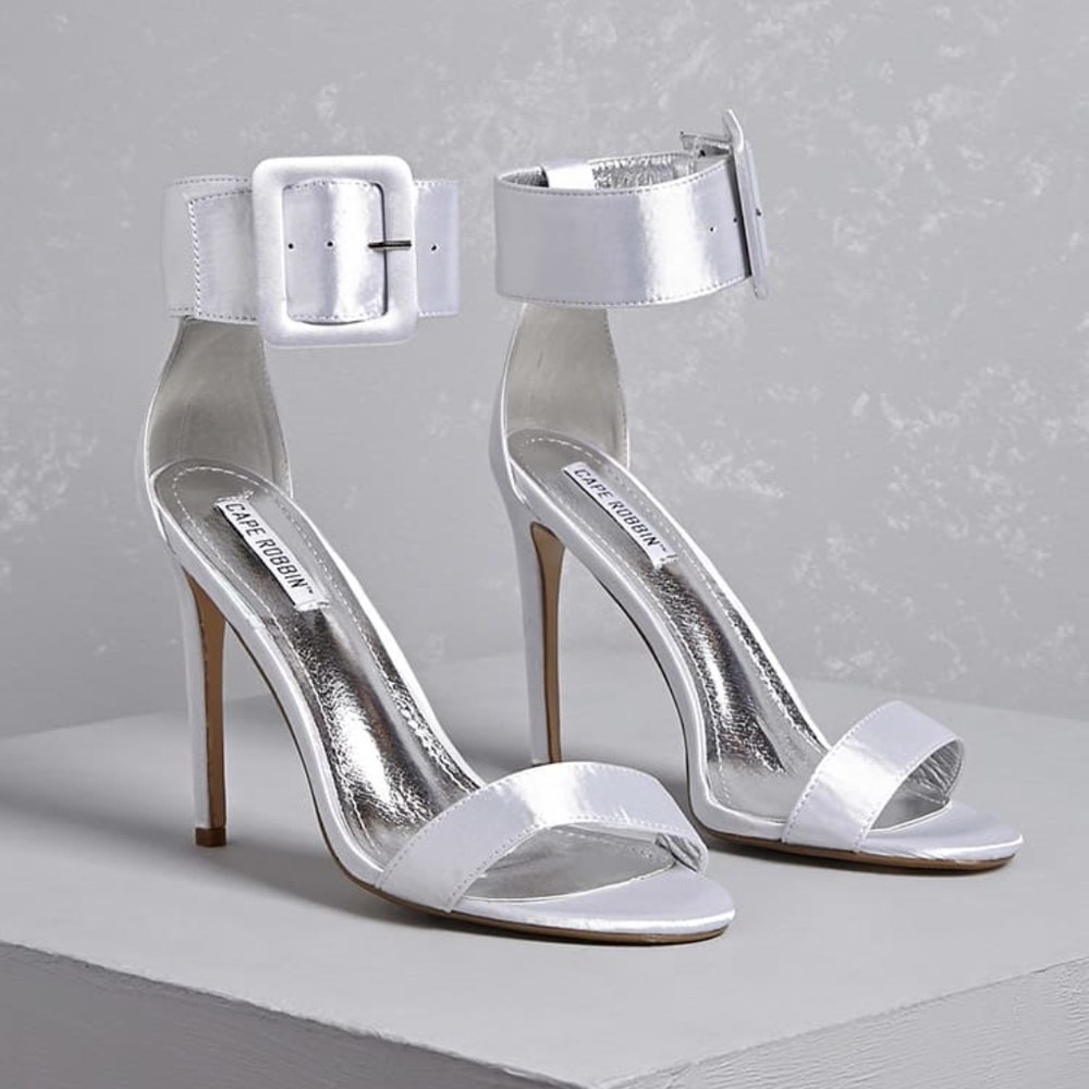Gorgeous silver satin buckle ankle heels sandals