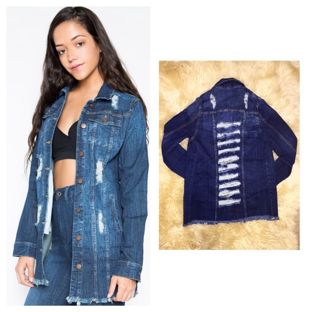 Stretchy denim ripped destroyed oversized jacket
