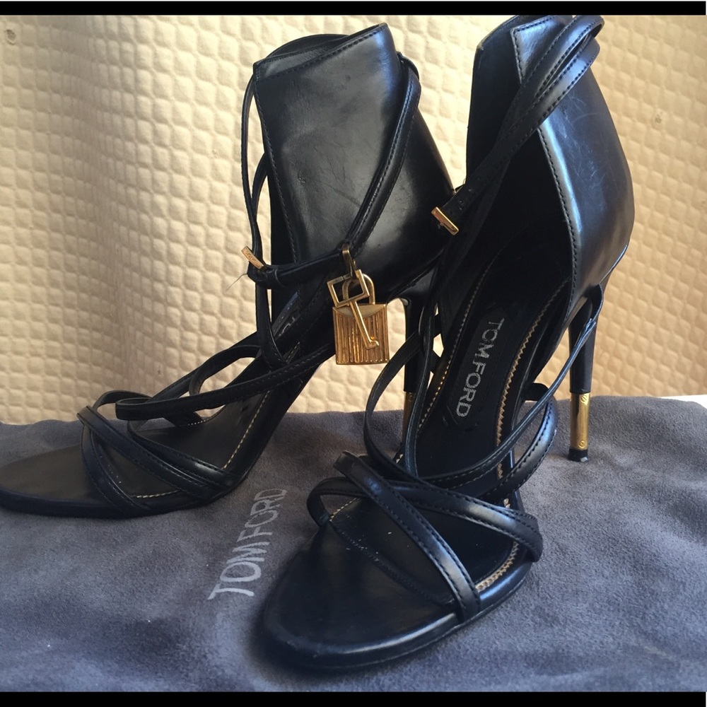 Tom Ford Padlock Black Leather Strappy Sandals.