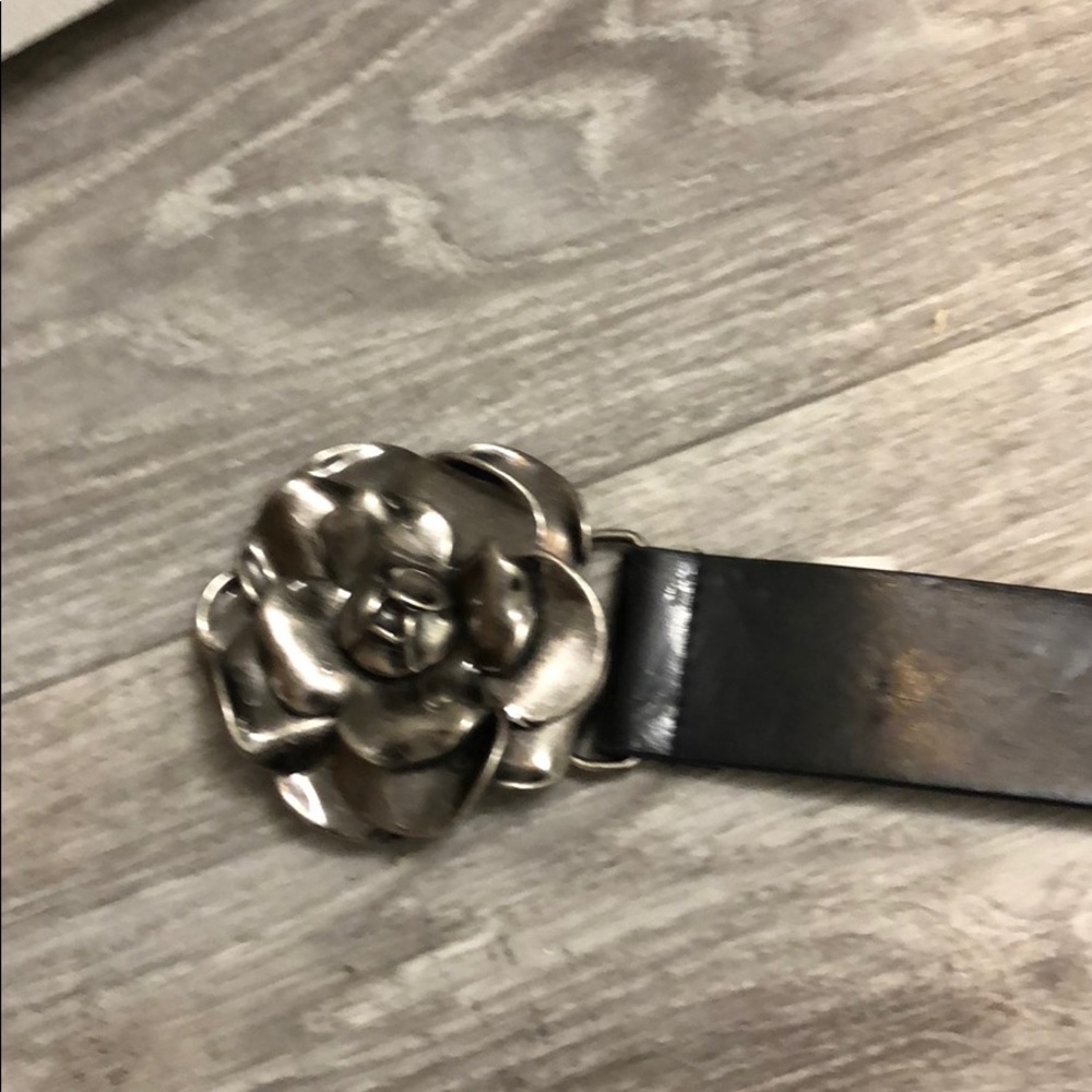 Betsy John black leather belt. Silver rose buckle