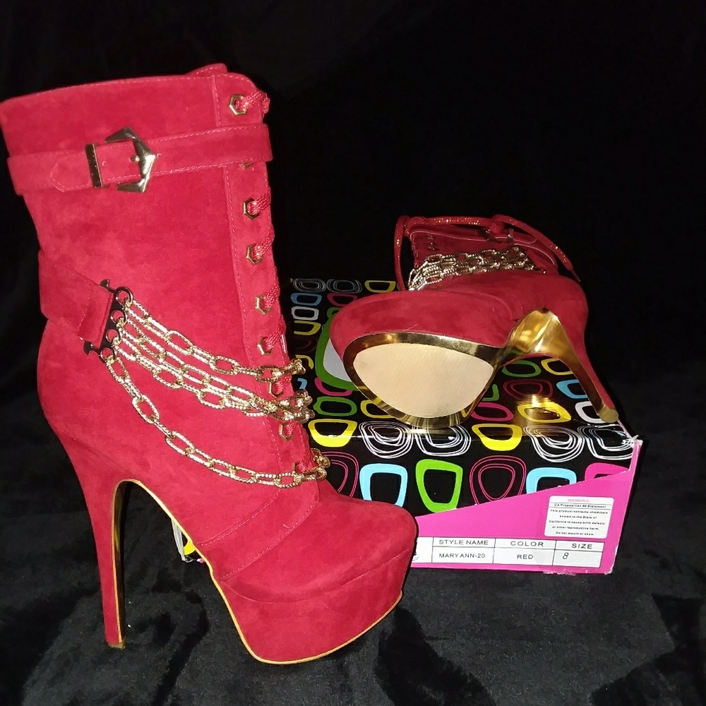 Red and gold ankle stiletto boots