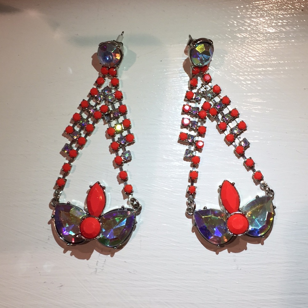 H&M Statement Earrings Silver Rhinestones & Neon Red