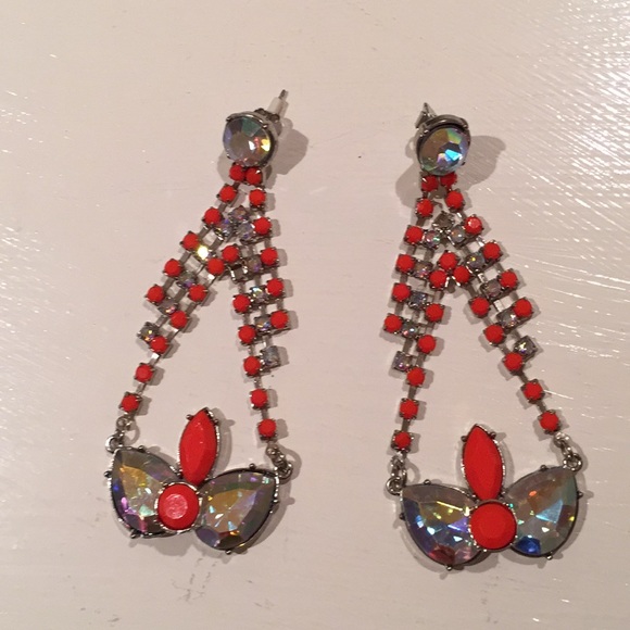 H&M Statement Earrings Silver Rhinestones & Neon Red - Picture 3 of 3