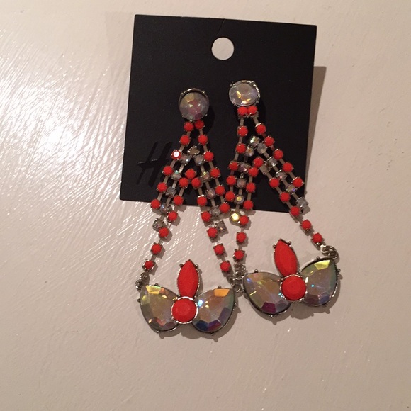 H&M Statement Earrings Silver Rhinestones & Neon Red - Picture 2 of 3