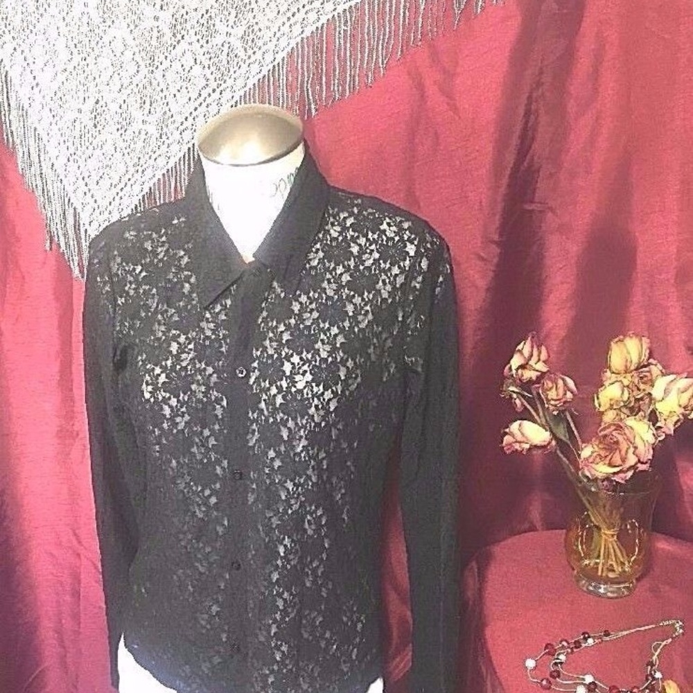 SOLD!!  City-Black-Lace-Woman-Top-Long-Sleeves-Semi-Sheer