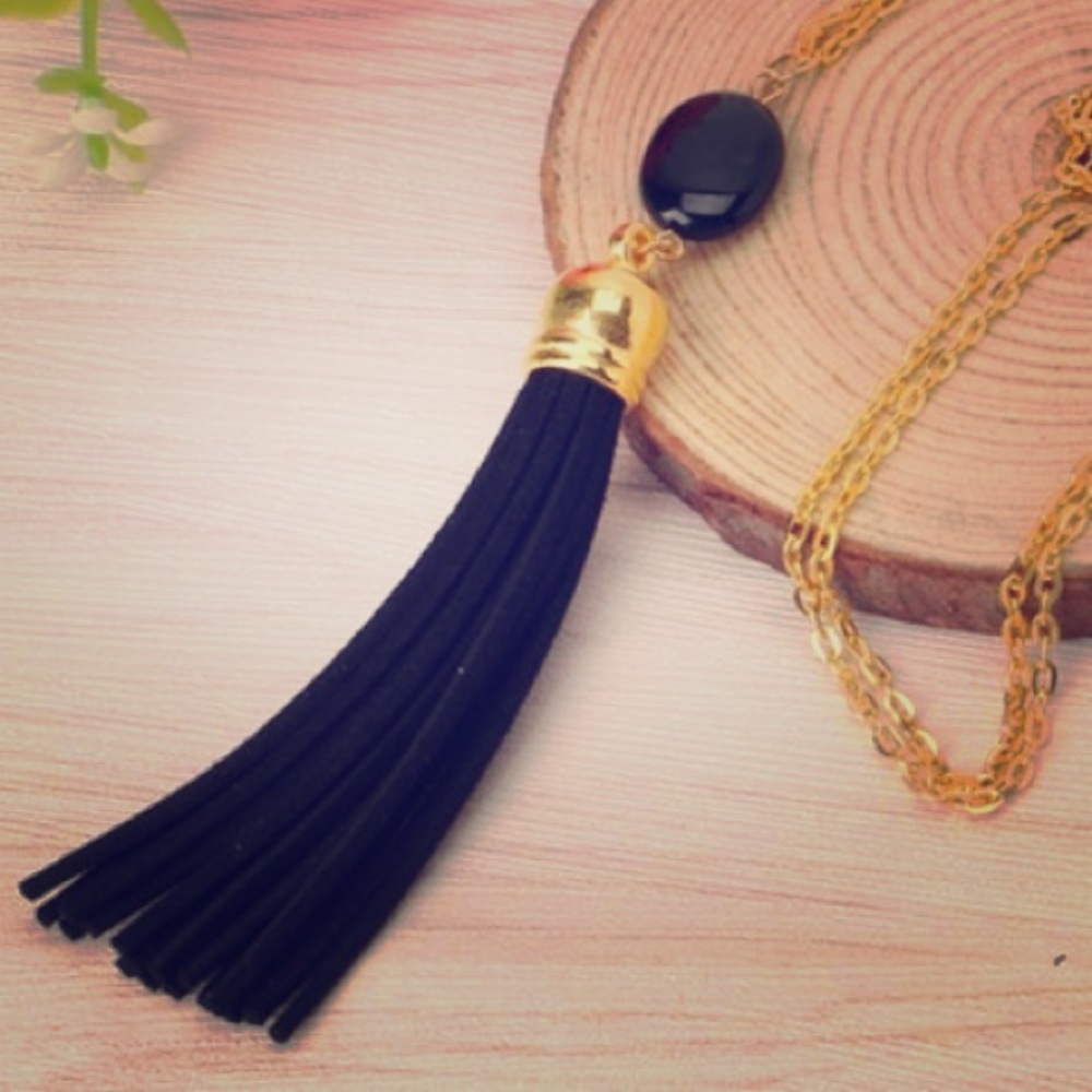 Black tassel pendant necklace with gold hardware
