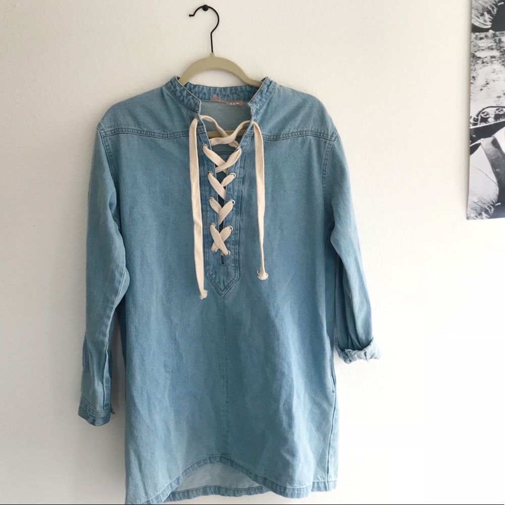 LACE-UP DENIM SHIRT DRESS