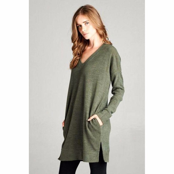 Olive green sweater V-neck tunic top - Picture 3 of 5