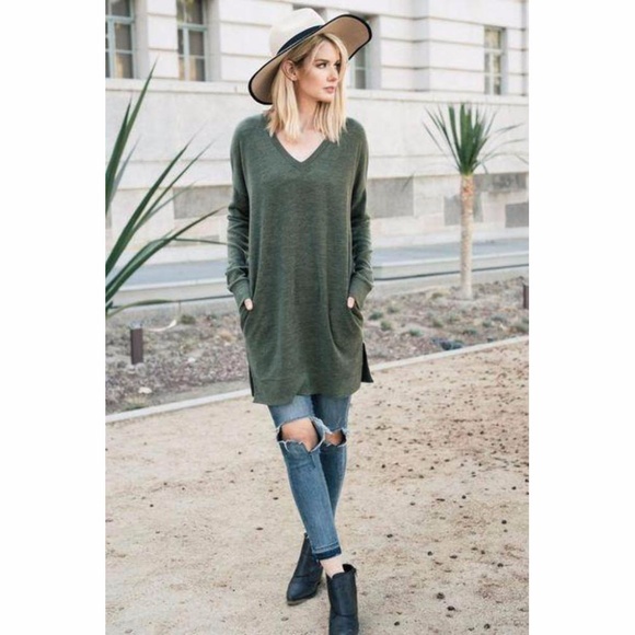 Olive green sweater V-neck tunic top - Picture 2 of 5