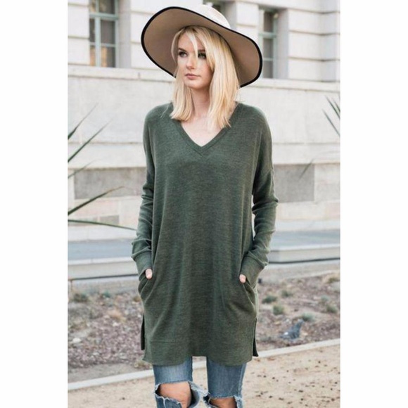 Olive green sweater V-neck tunic top - Picture 5 of 5